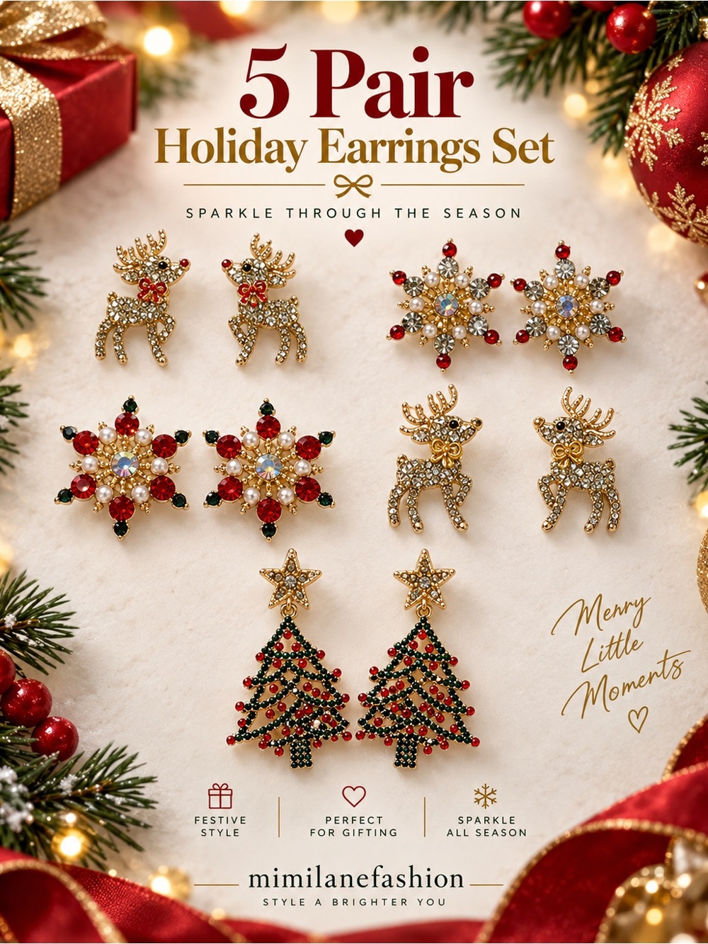 mimilaneholiday Gold, Red & Green Christmas Ornament Earring Set - 5 Pairs